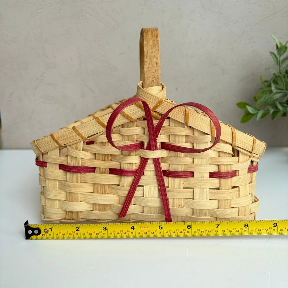 Handwoven Wood Splint Basket with Red Bow and Fixed Handle Natural 8.5 Inch